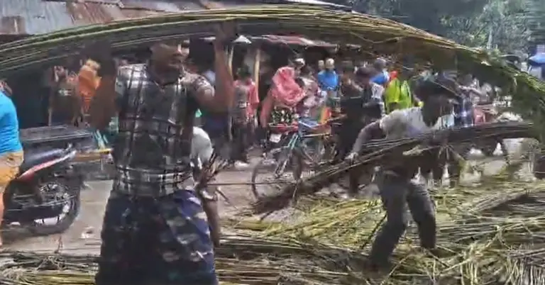 দুর্ঘটনার পরে ট্রলি  থেকে পড়ে যাওয়া পাট